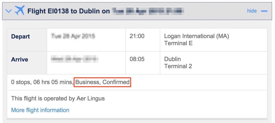 Aer Lingus booking on BA website - business, confirmed