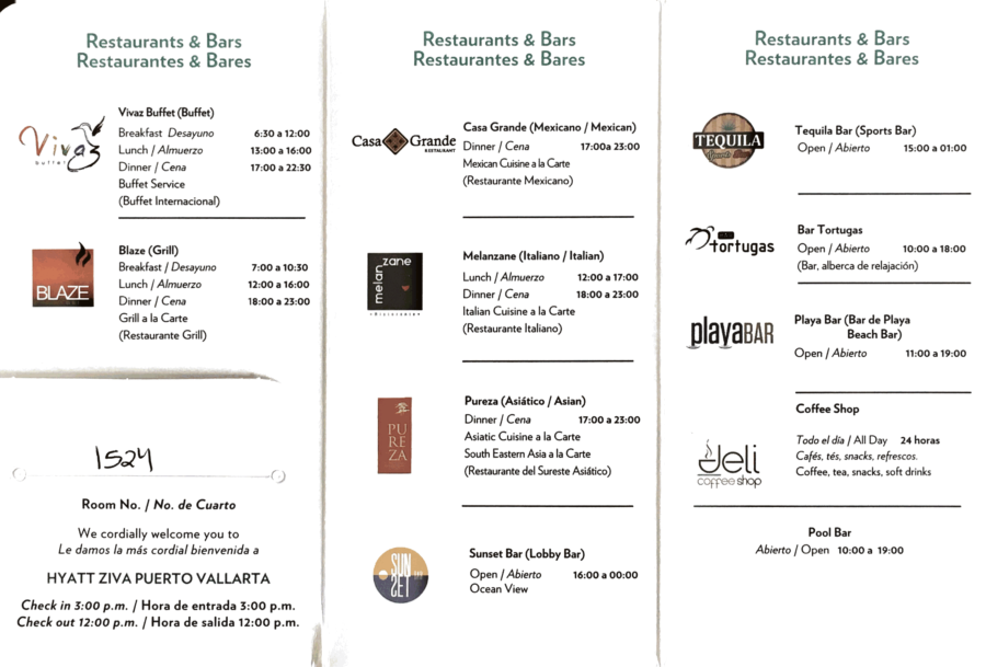 a menu of restaurants and bars
