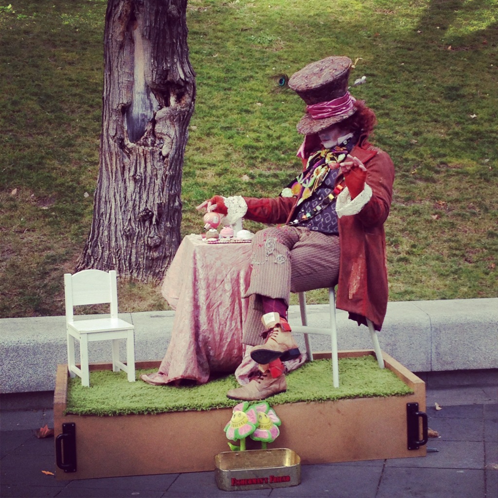Street performer in Madrid dressed as the Mad Hatter