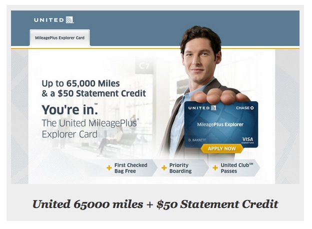 Recent promotion for Chase United explorer card with 65,000 mile signup bonus 