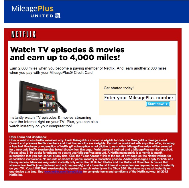 Up to 4,000 bonus United miles to sign up for Netflix