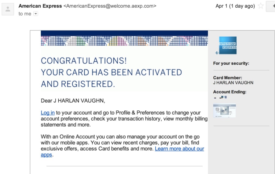 Activation notification via email from American Express