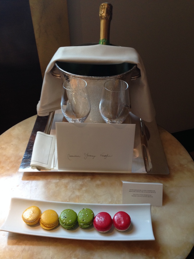 Welcome amenity of wine and macaroons