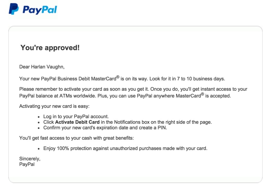 PayPal Business Debit MasterCard Approval Email