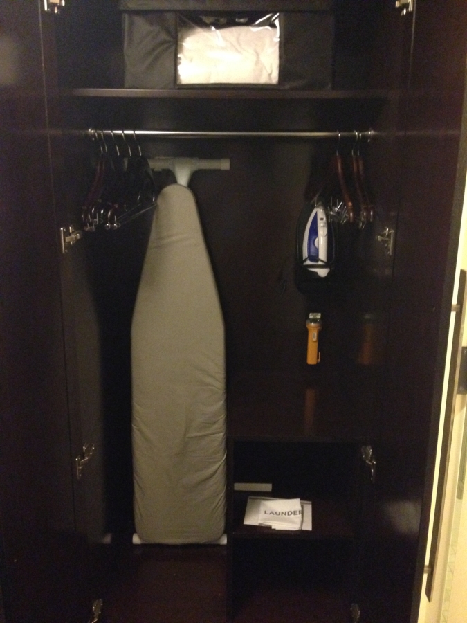 Closet with iron, ironing board, and safe