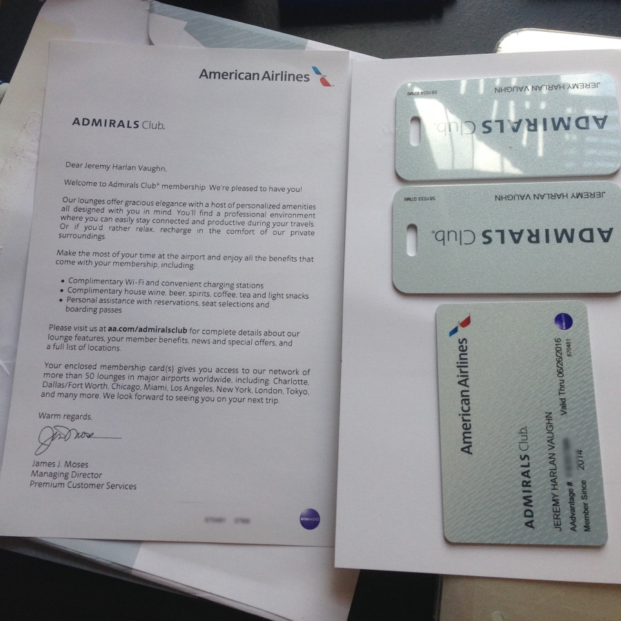 Admirals Club welcome letter and membership card