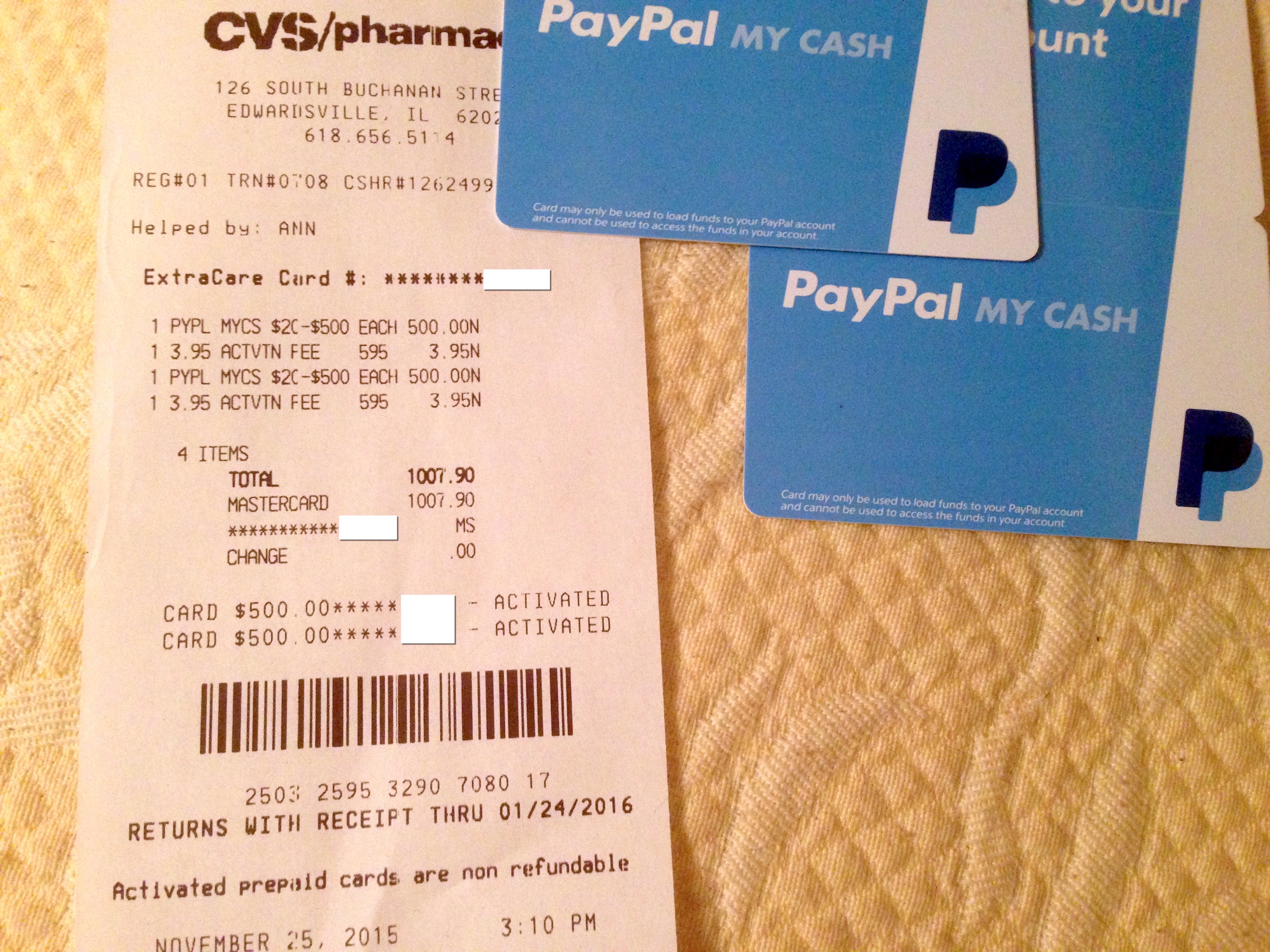 PayPal My Cash Cards With Credit Cards At CVS Still Working But YMMV 