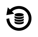 a black circular icon with a circular arrow pointing to a stack of coins