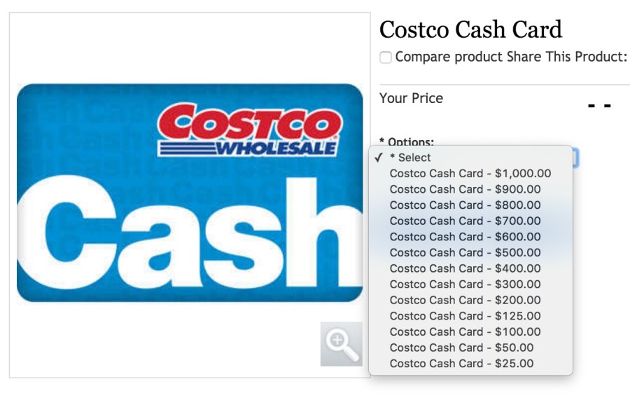 You can buy Costco Cash Cards in amounts from $25 to $1,000 online