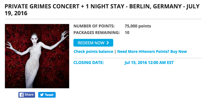 Grimes concert + 1 night at Hilton Berlin for 75,000 Hilton points