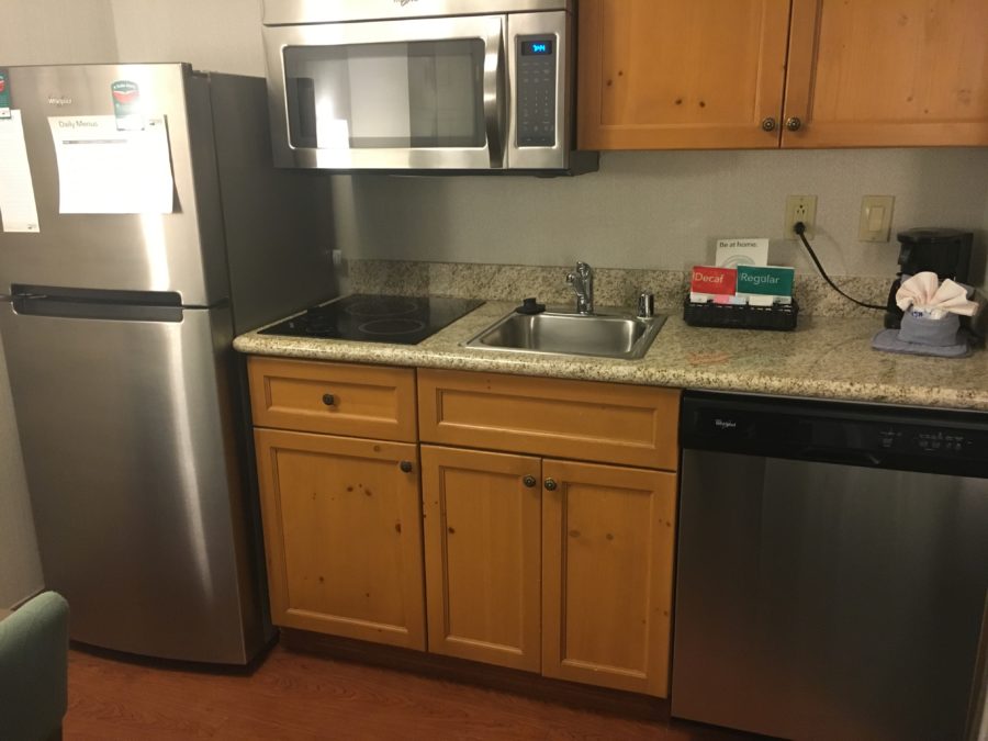 Dishwasher, microwave, coffee area, fridge