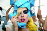 a woman wearing a blue telephone