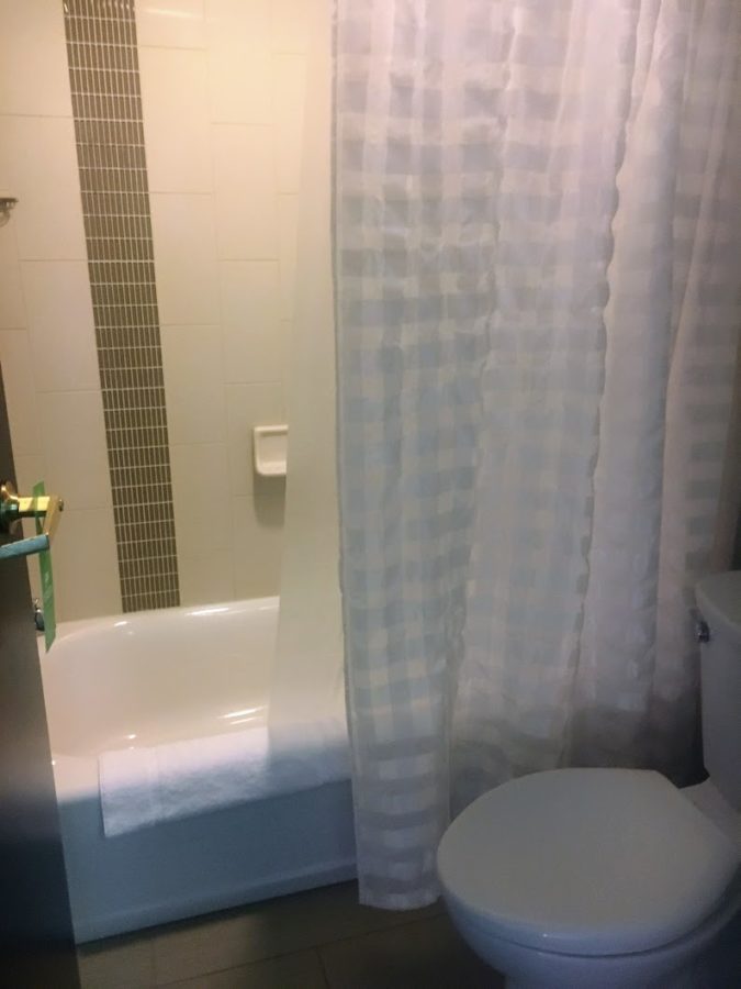 a bathroom with a white bathtub and shower curtain