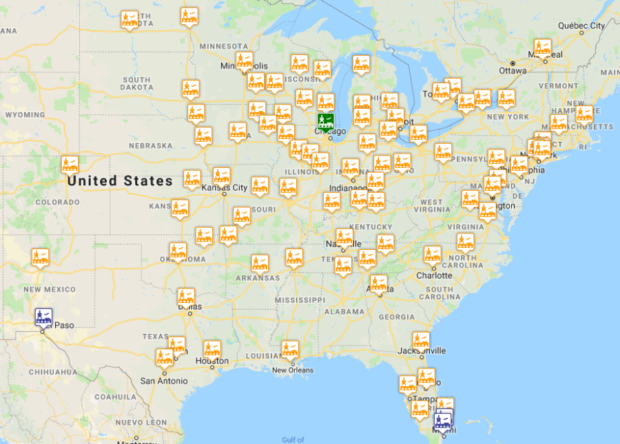 a map of the united states with orange squares