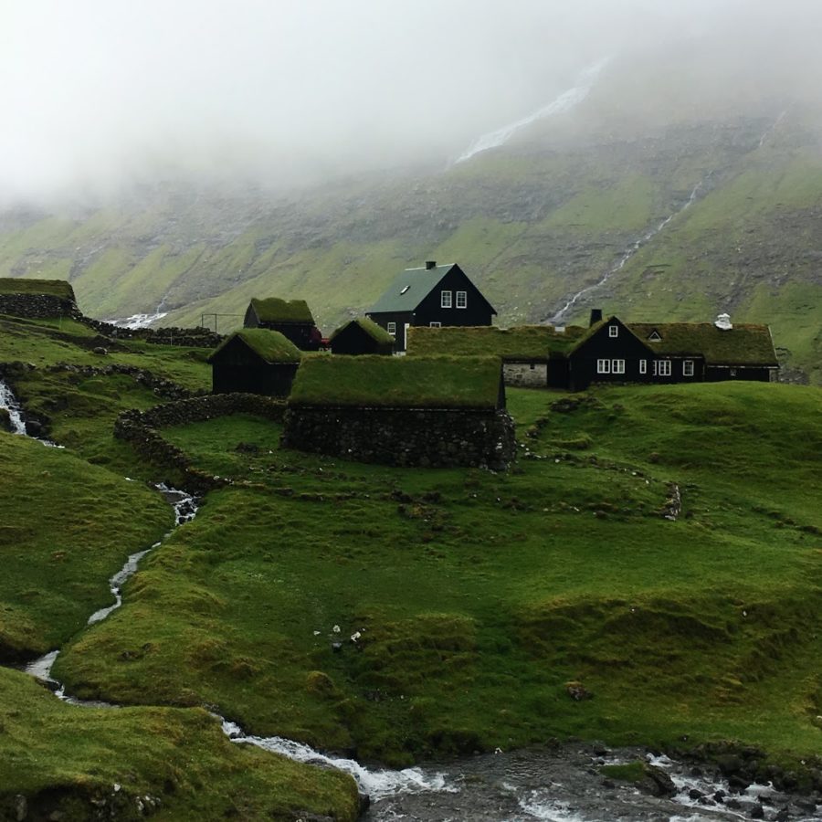 a group of houses on a grassy hill