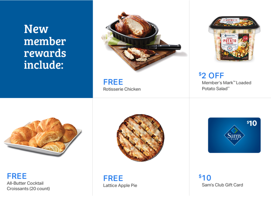 a blue and white coupon with a variety of food items