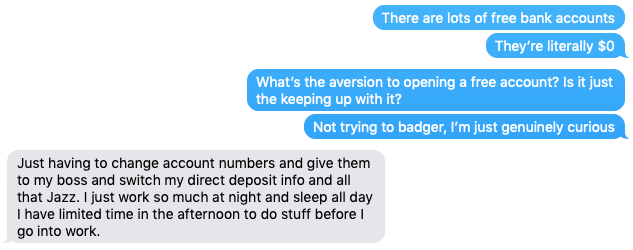 a text message with blue text boxes