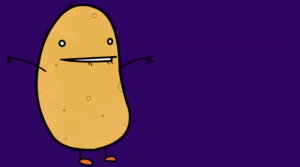 a cartoon potato pointing at something