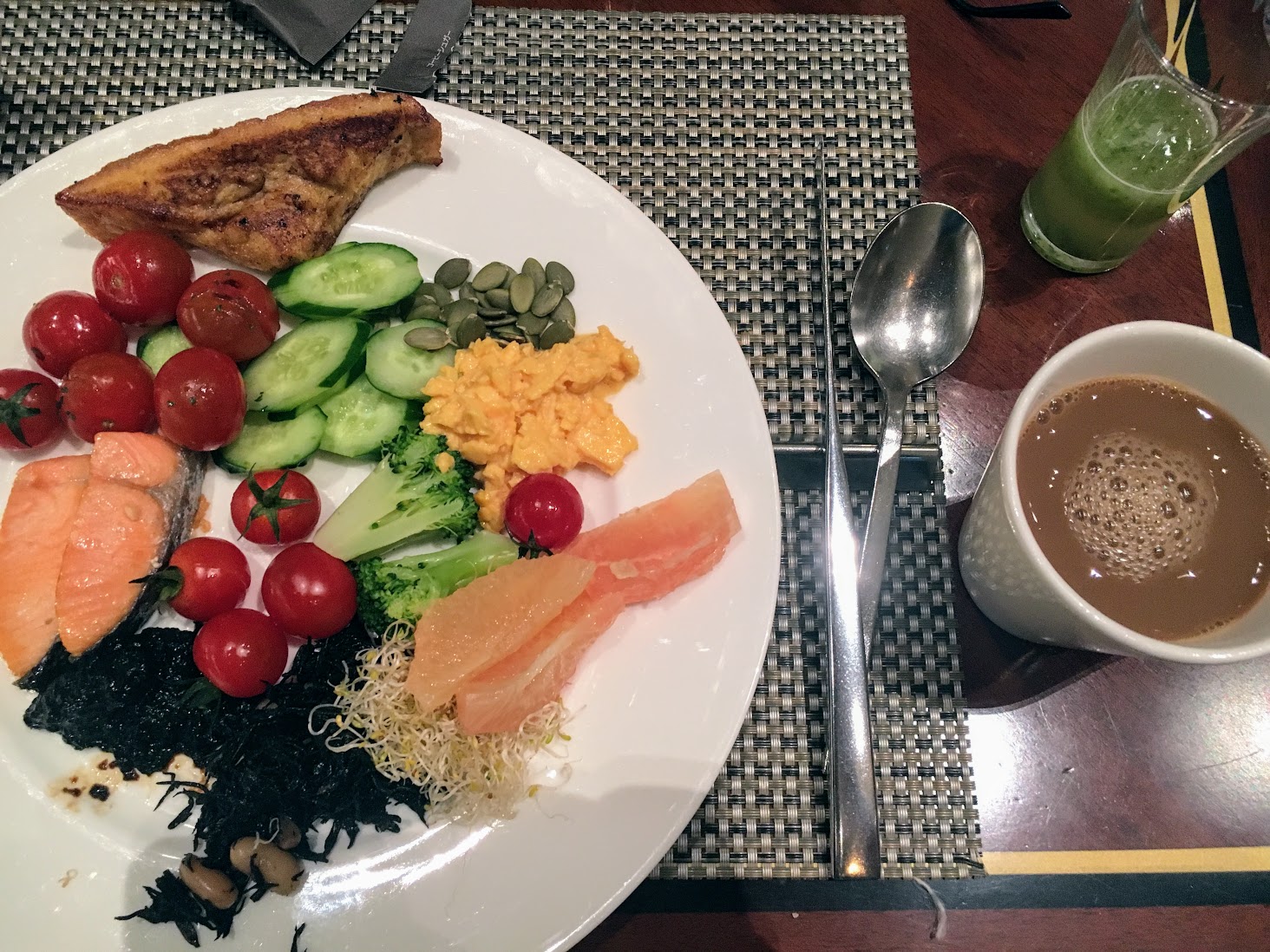 a plate of food and a cup of coffee