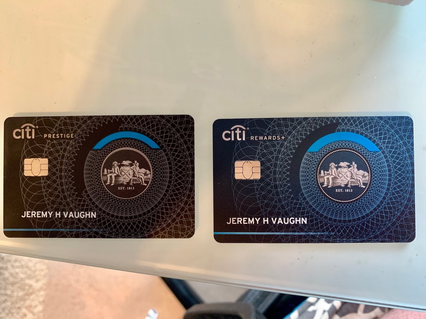two black and blue credit cards