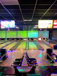 a bowling alley with a bowling alley and a bowling alley