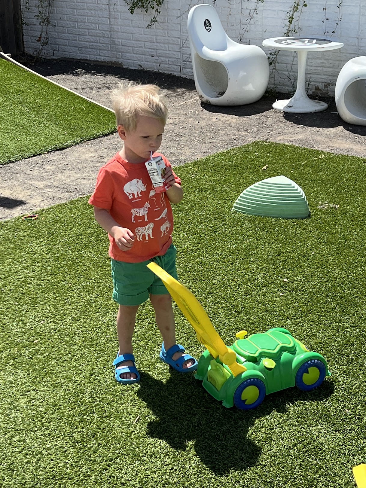 a child holding a straw and a toy lawn mower