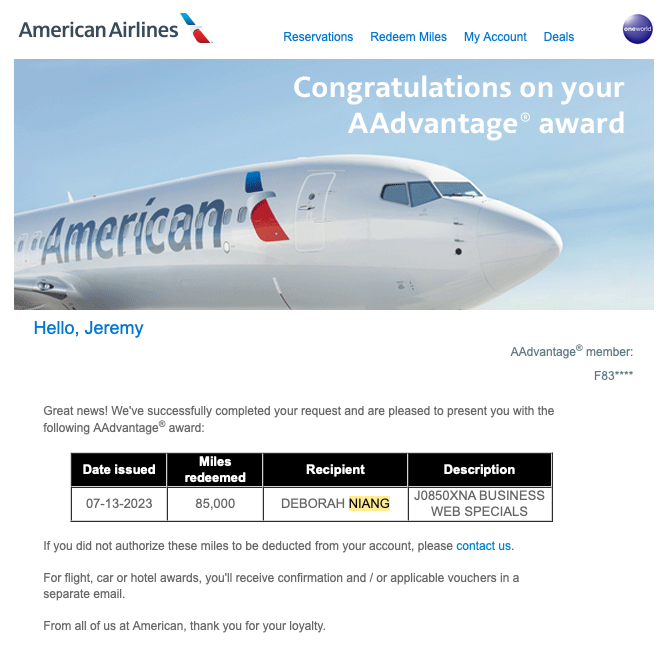 American Airlines account hacked