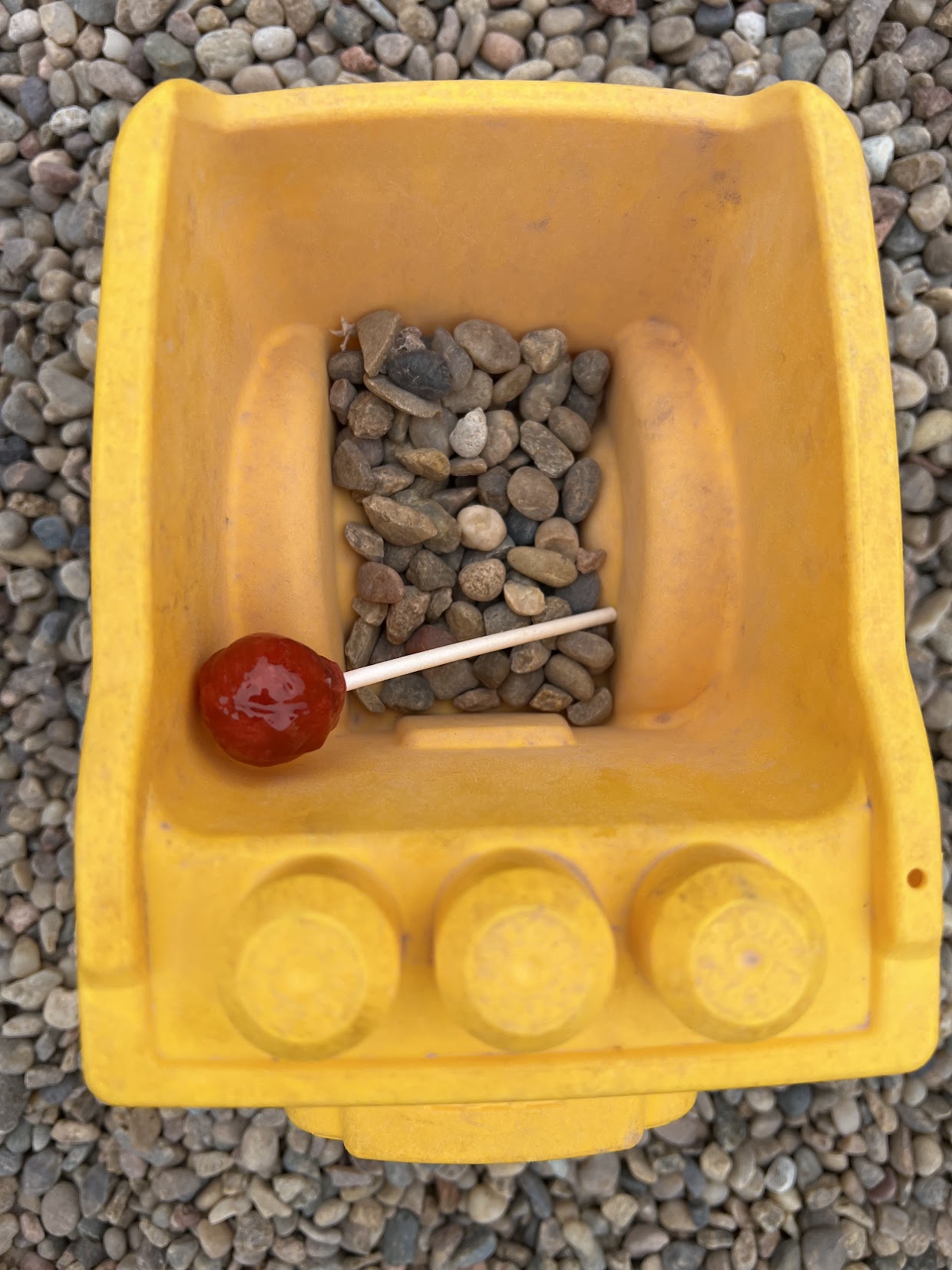 a lollipop in a yellow container with rocks