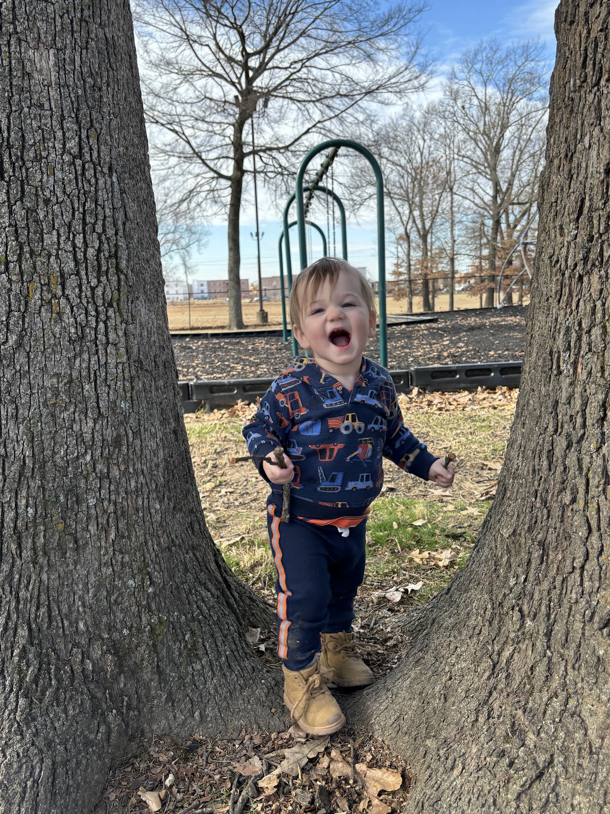 a baby standing in a tree