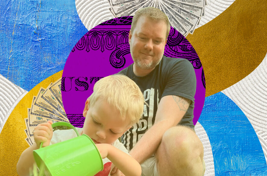 a man and a child playing with a bucket