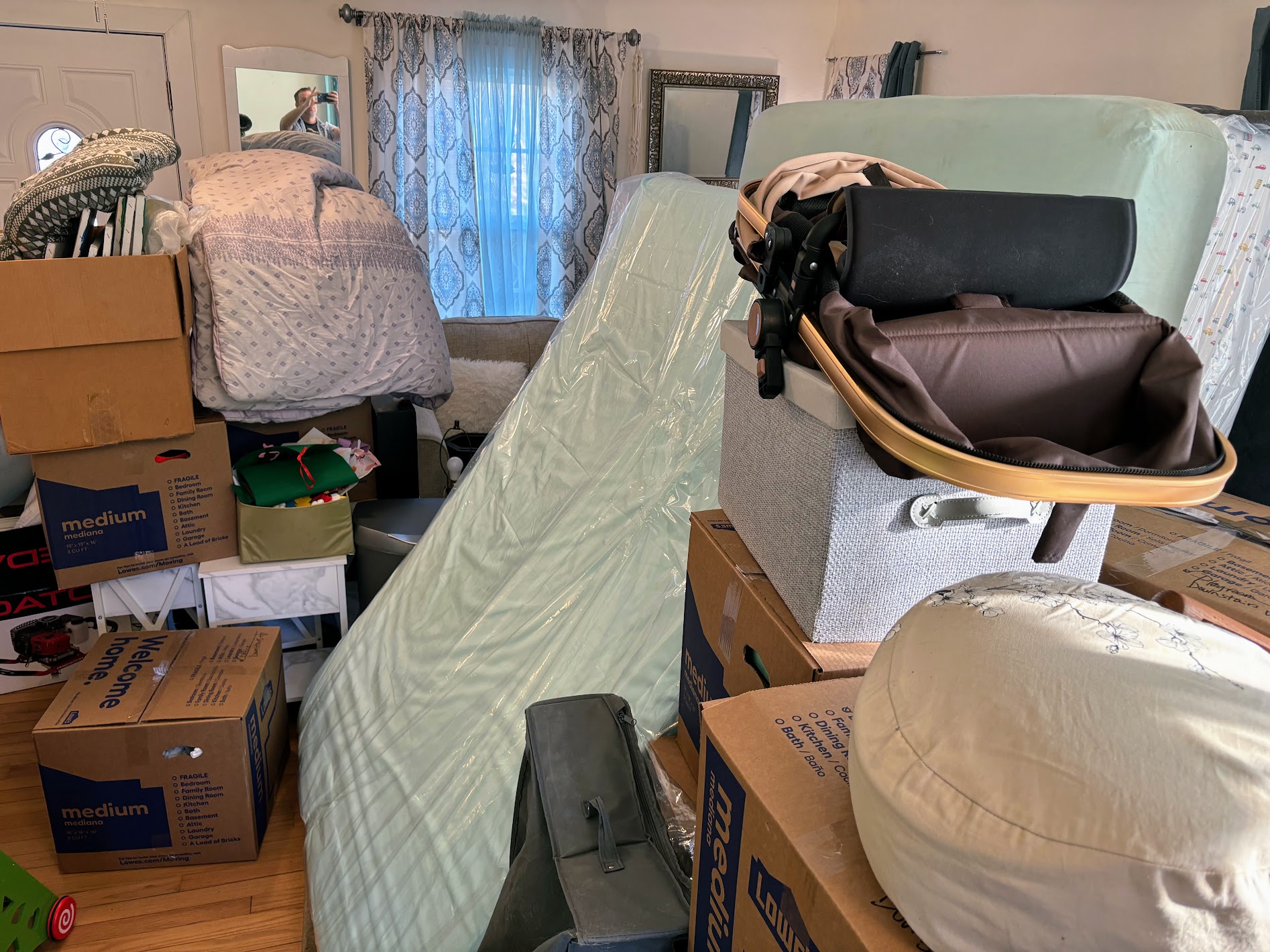 a room with boxes and a slide