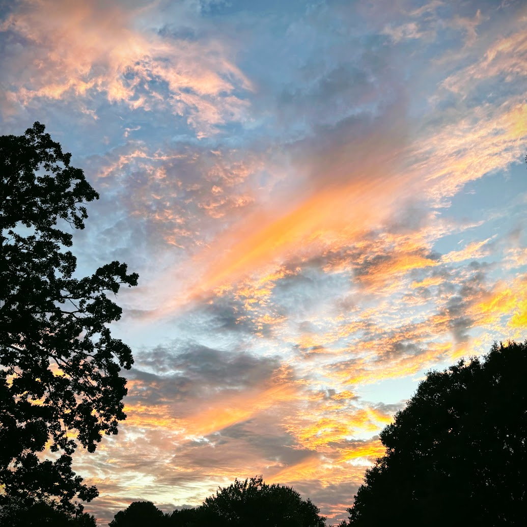 a sunset with clouds and trees