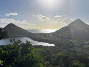 a body of water with trees and mountains in the background