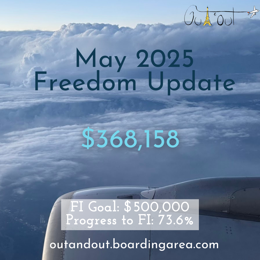 The image shows a view from an airplane window with clouds in the background. Overlaid text reads: "May 2025 Freedom Update $368,158." Additional text at the bottom states: "FI Goal: $500,000 Progress to FI: 73.6% outandout.boardingarea.com." The logo in the top right corner includes an Eiffel Tower and an airplane.