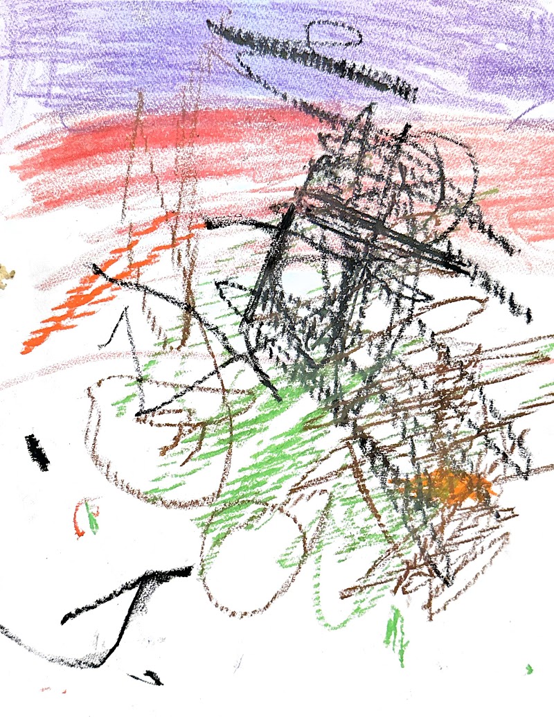 The image is a colorful abstract drawing made with crayons. It features a mix of scribbles and lines in various colors, including black, green, orange, red, and purple, on a white background. The drawing has no discernible shapes or figures, giving it a chaotic and expressive appearance.